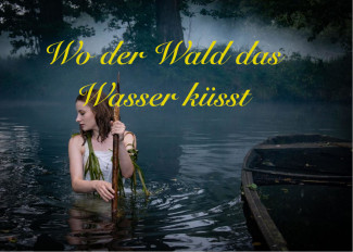 Eine Wassernixe ragt halb aus dem Wasser, ein Kahn ist rechts im Bild